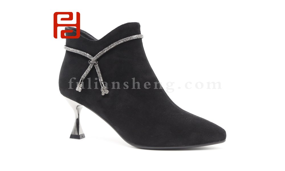 福連升休閑鞋細跟尖頭短靴女秋冬水鉆加絨短筒靴高跟靴子圖片