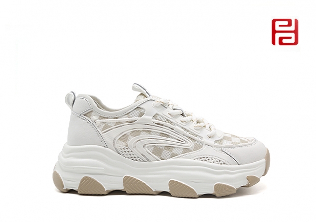 福連升夏季時尚運(yùn)動女鞋棋盤格拼色老爹鞋